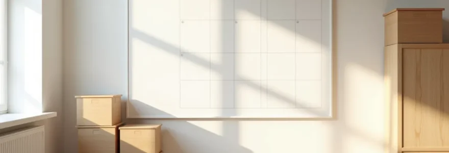 Illustration d'un espace organisé avec des boîtes de stockage, un calendrier et des éléments de planification disposés de manière équilibrée