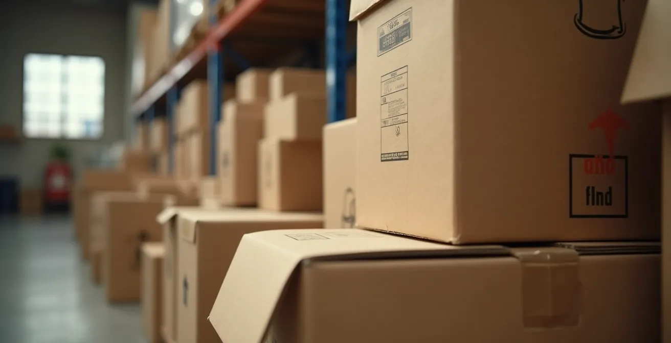 Détail macro de boîtes de stockage et matériaux d'emballage montrant l'organisation efficace d'un déménagement