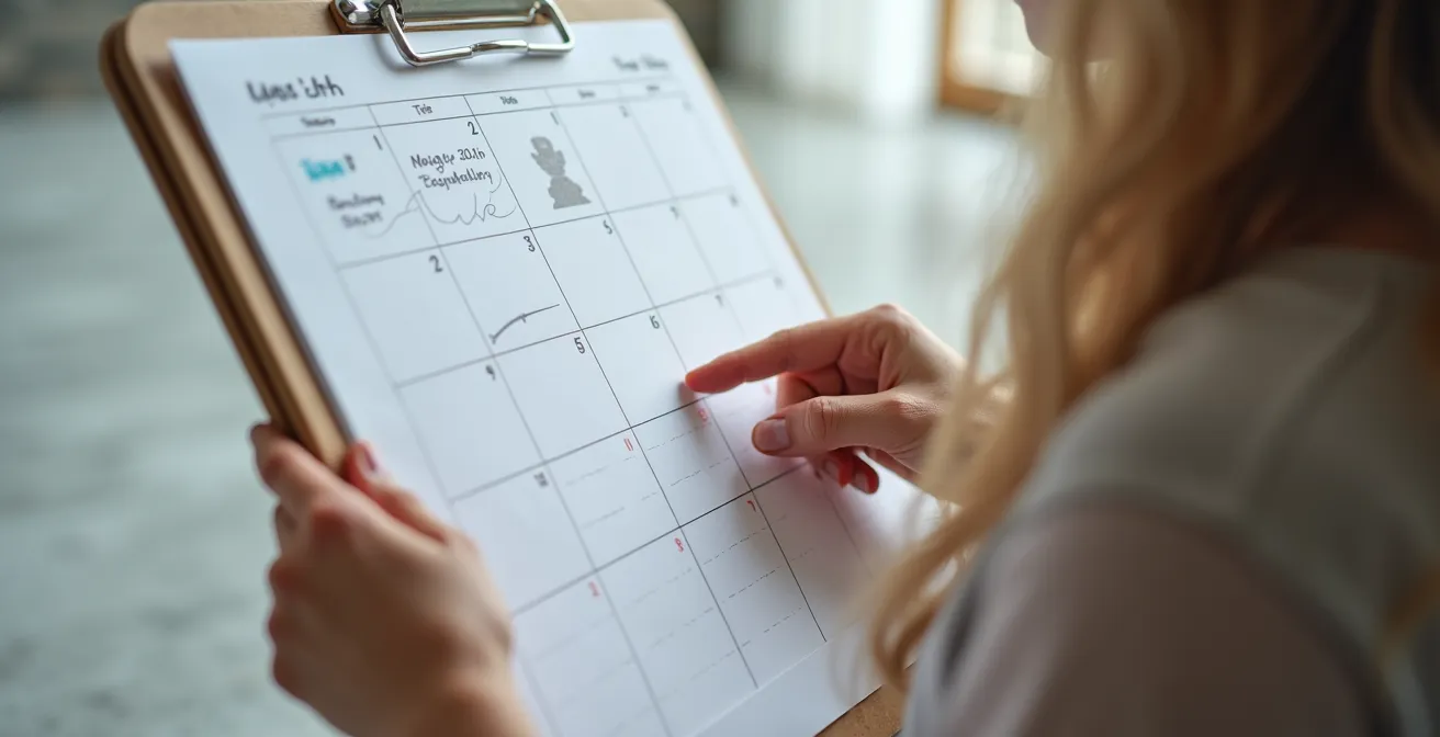 Illustration d'une chronologie inversée montrant une flèche temporelle remontant d'une date fixe vers des étapes progressives de planification